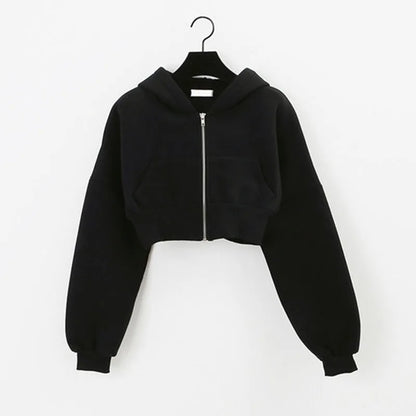 Cropped Zip-Up Hooded Jacket for Women with Pockets