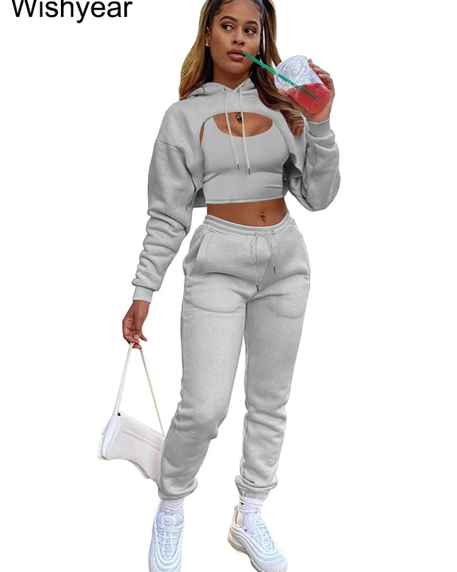 Wisyear Women's 3-Piece Velvet Tracksuit Set - Crop Hoodie, Vest, and Sweatpants Matching Outfit