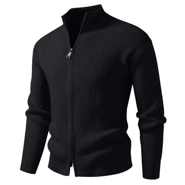 Men's Slim Knit Sweater Jacket with Stand Collar and Zipper