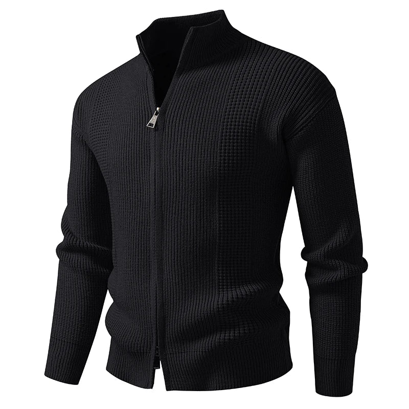 Men's Slim Knit Sweater Jacket with Stand Collar and Zipper