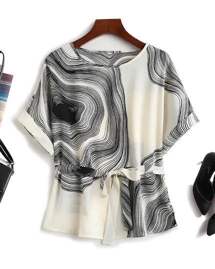 Vintage Chiffon Blouse for Women - Striped, Short Sleeve, Lace-Up