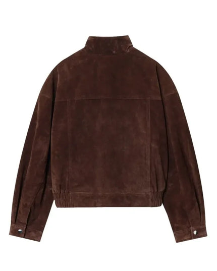 Women's Faux Suede Jacket with Pockets, High Collar, and Button Closure