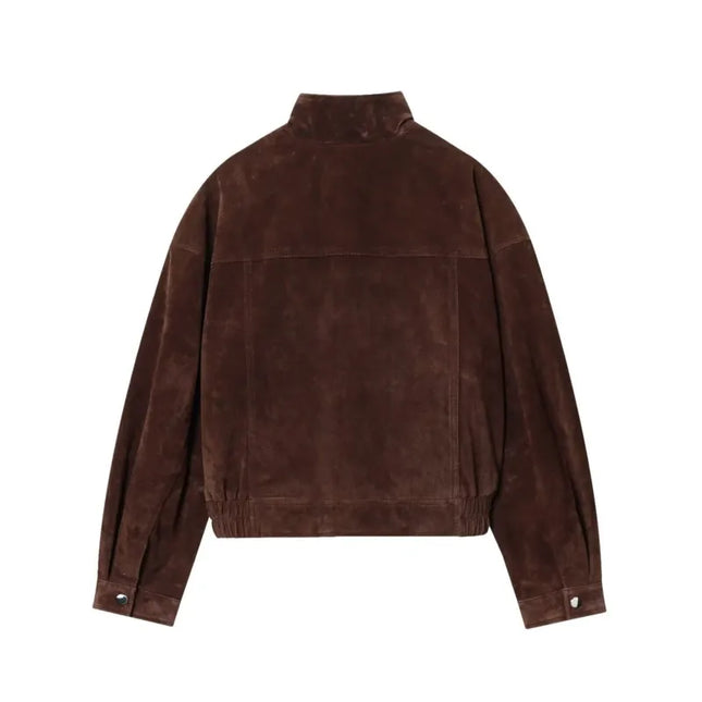 Women's Faux Suede Jacket with Pockets, High Collar, and Button Closure