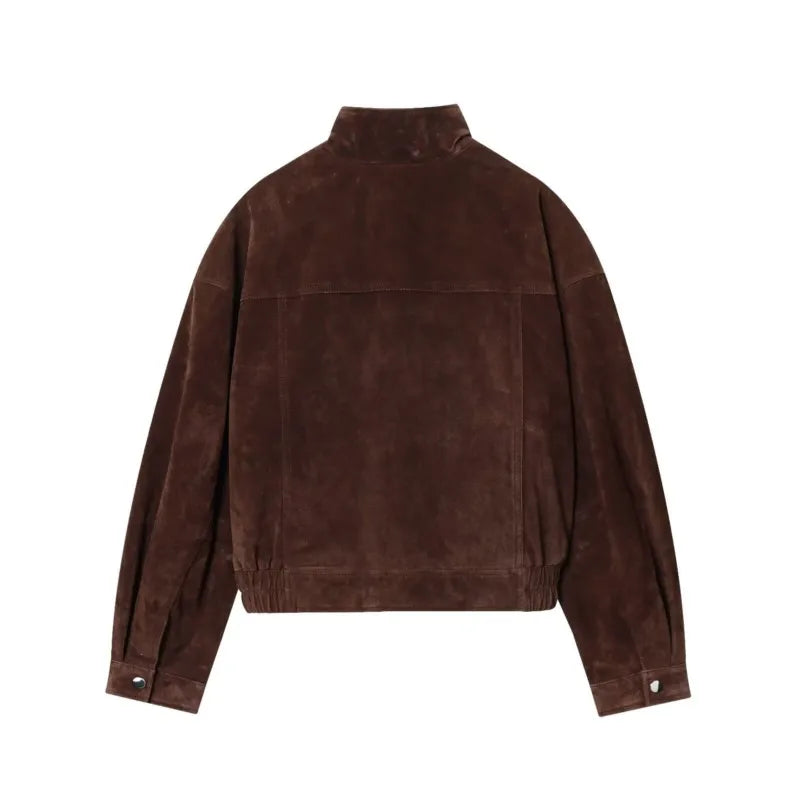 Women's Faux Suede Jacket with Pockets, High Collar, and Button Closure
