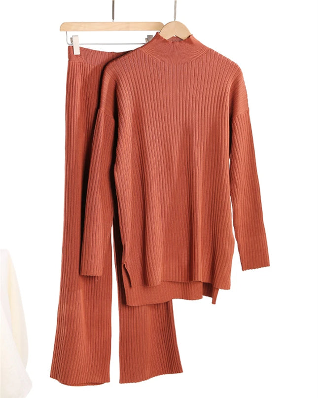 Women's 2 Piece Knitted Turtleneck Sweater & Straight Leg Pants Set