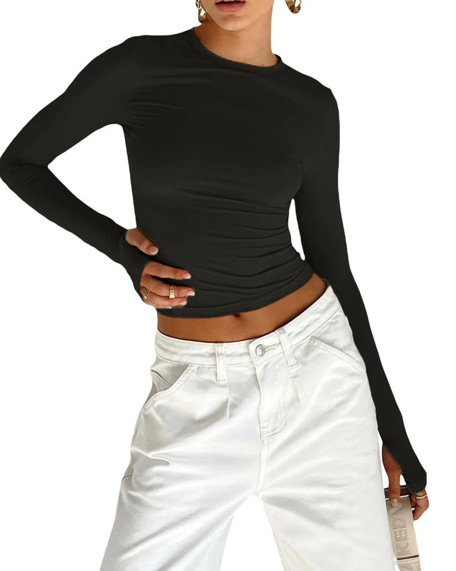 Women's Long Sleeve Slim Fit Top with Thumb Holes - Various Colors