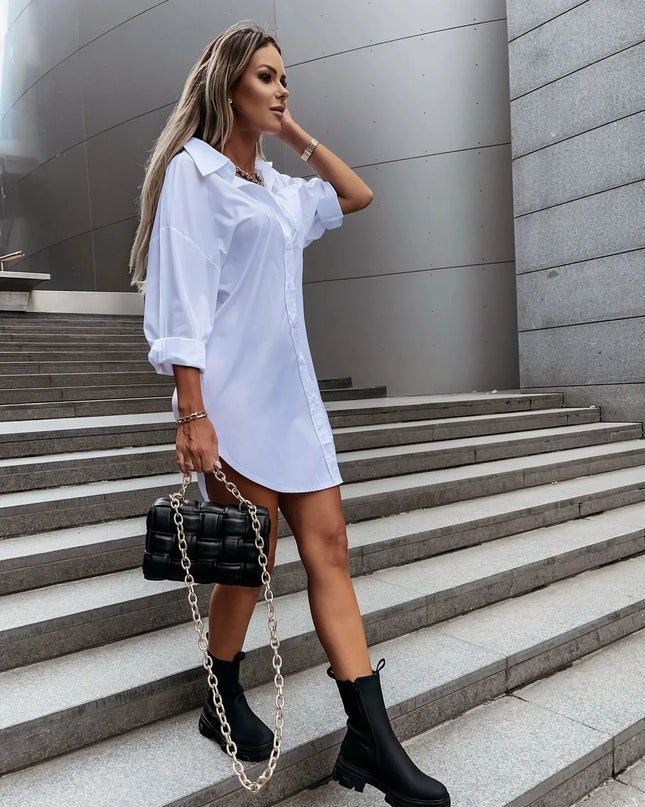 Women's Long Sleeve Lapel Shirt Dress with Buttons