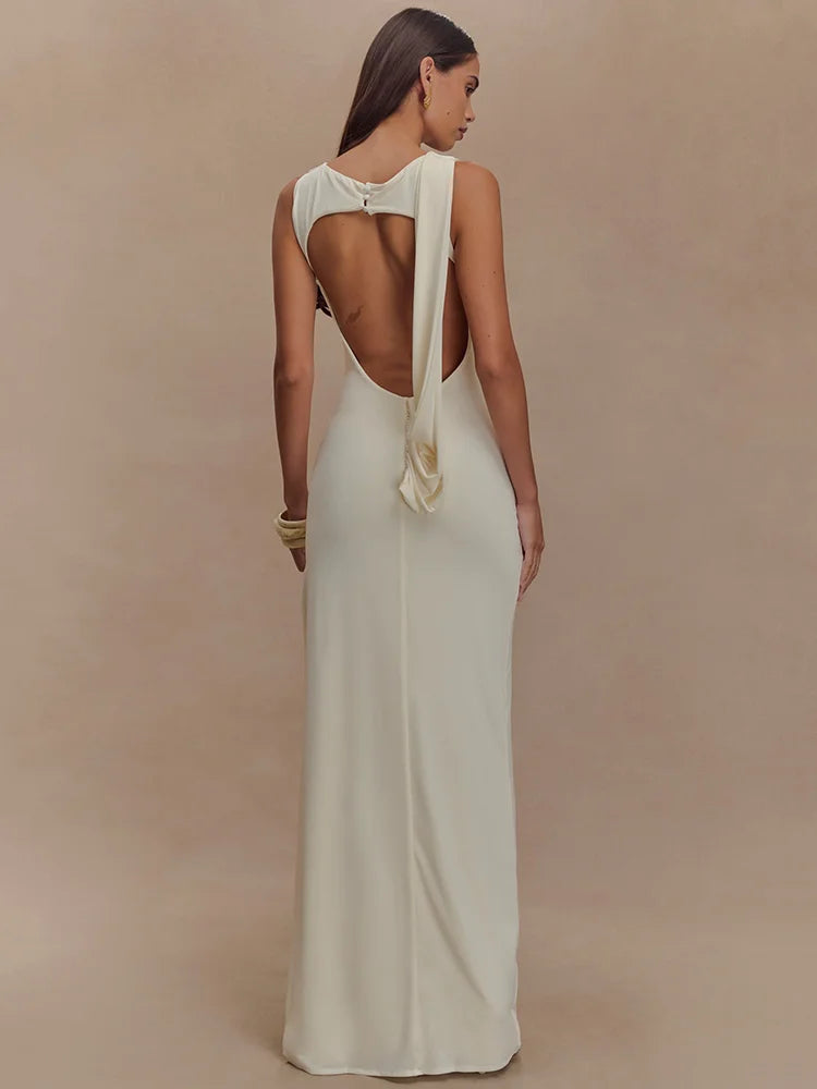 Women's Backless Ruched Maxi Dress with Thigh-High Split