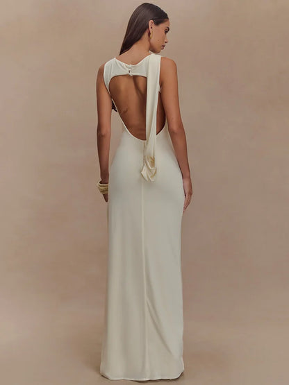Women's Backless Ruched Maxi Dress with Thigh-High Split