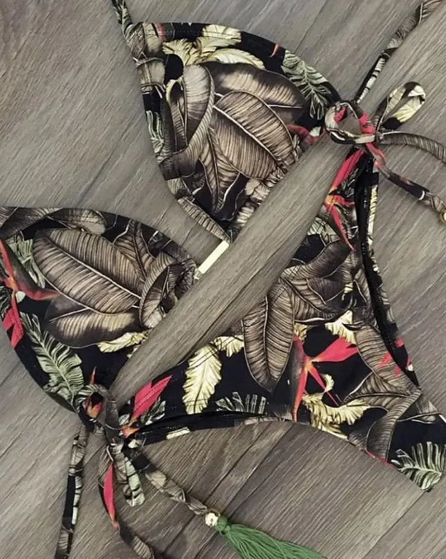 Feather Print Micro Bikini Set for Women – Stylish Bandage Swimwear