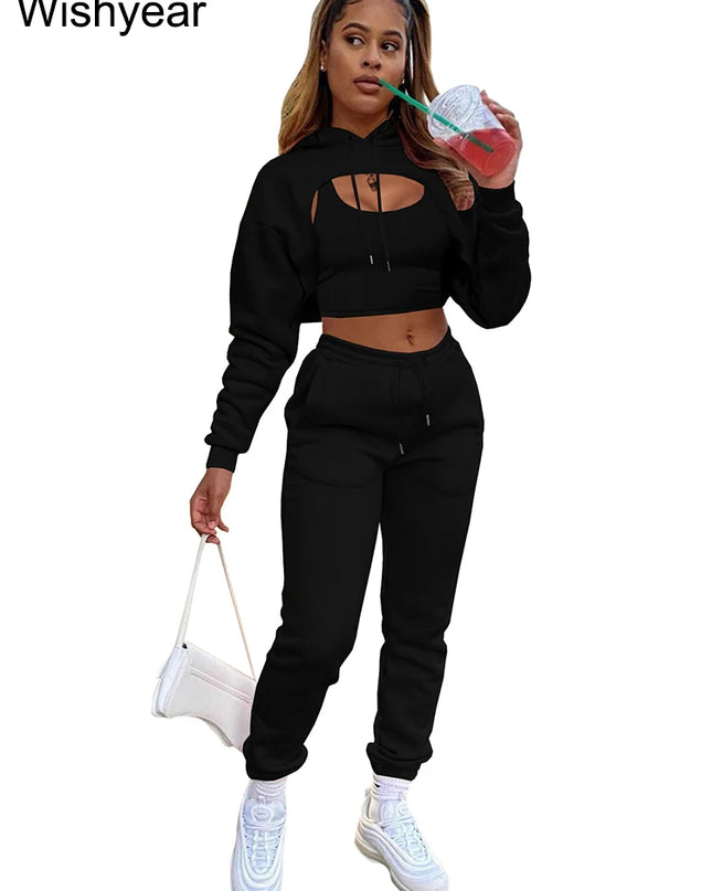 Wisyear Women's 3-Piece Velvet Tracksuit Set - Crop Hoodie, Vest, and Sweatpants Matching Outfit