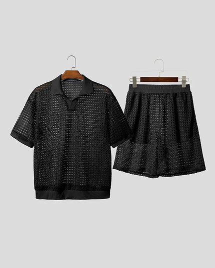Incerun Men's Two-Piece Hollow Out Lapel Short Sleeve T-Shirt and Short Set