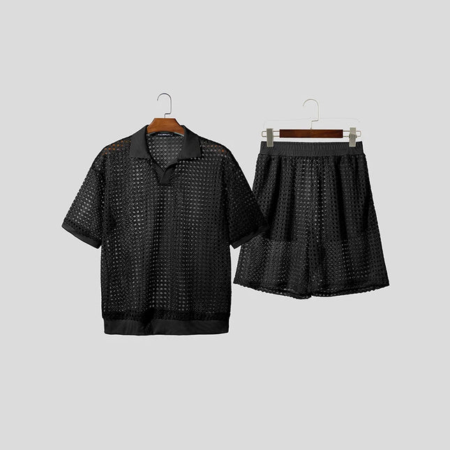 Incerun Men's Two-Piece Hollow Out Lapel Short Sleeve T-Shirt and Short Set