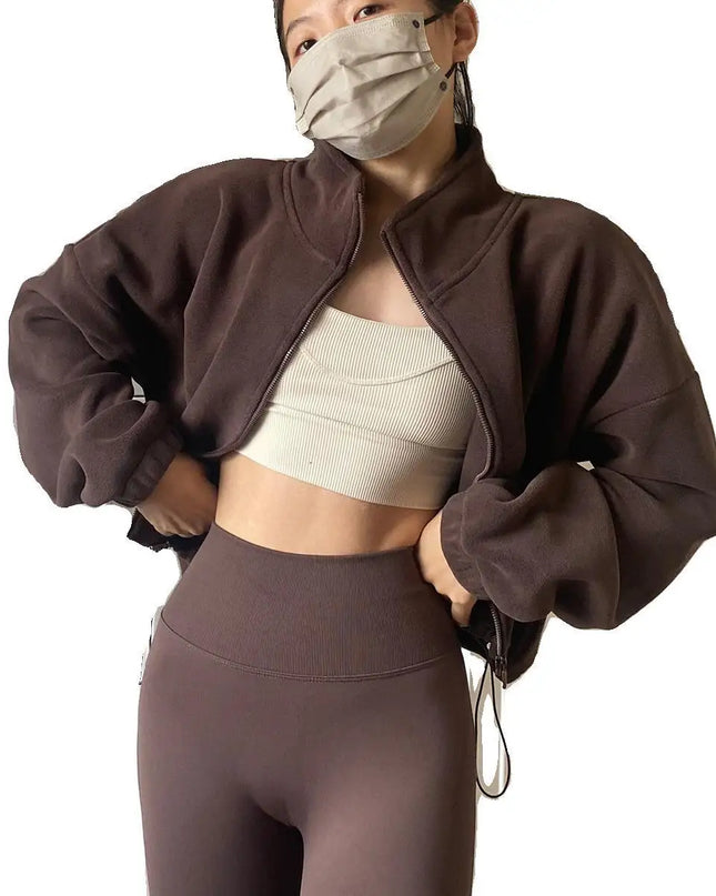 Women's High-Waist Casual Zip-Up Jacket with High Collar