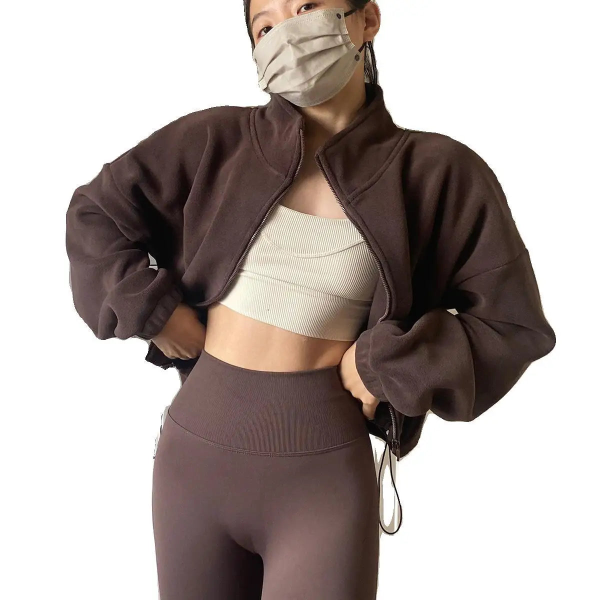Women's High-Waist Casual Zip-Up Jacket with High Collar