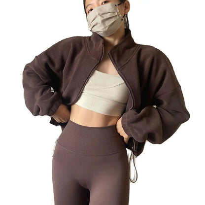 Women's High-Waist Casual Zip-Up Jacket with High Collar