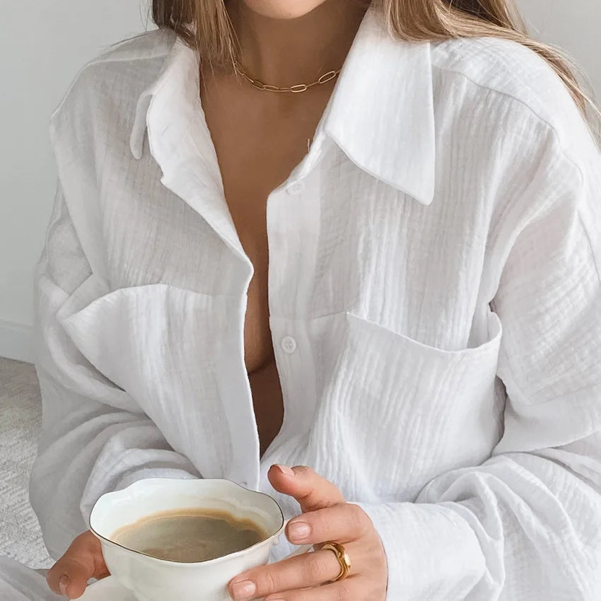 Women's Cotton Two-Piece Long Sleeve Loose Shirt and Pants Set