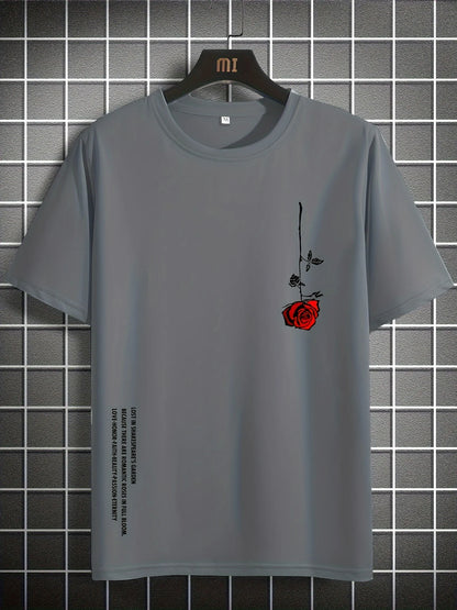 Men's Slim Fit Casual T-Shirt – 100% Cotton Rose Print Short Sleeve Round Neck Tee