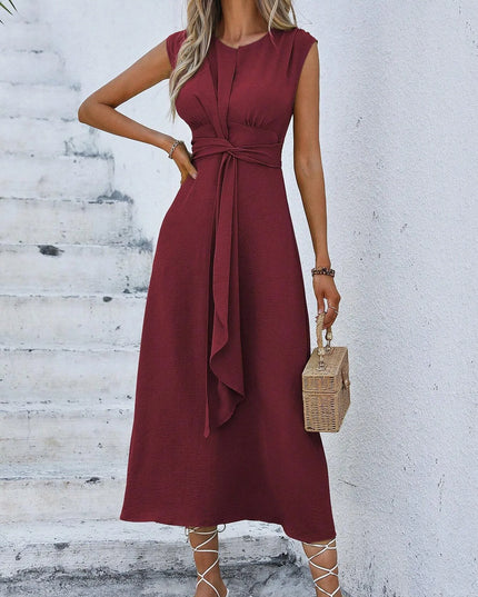 Women's Elegant Belted Midi Dress with Thin Front Straps