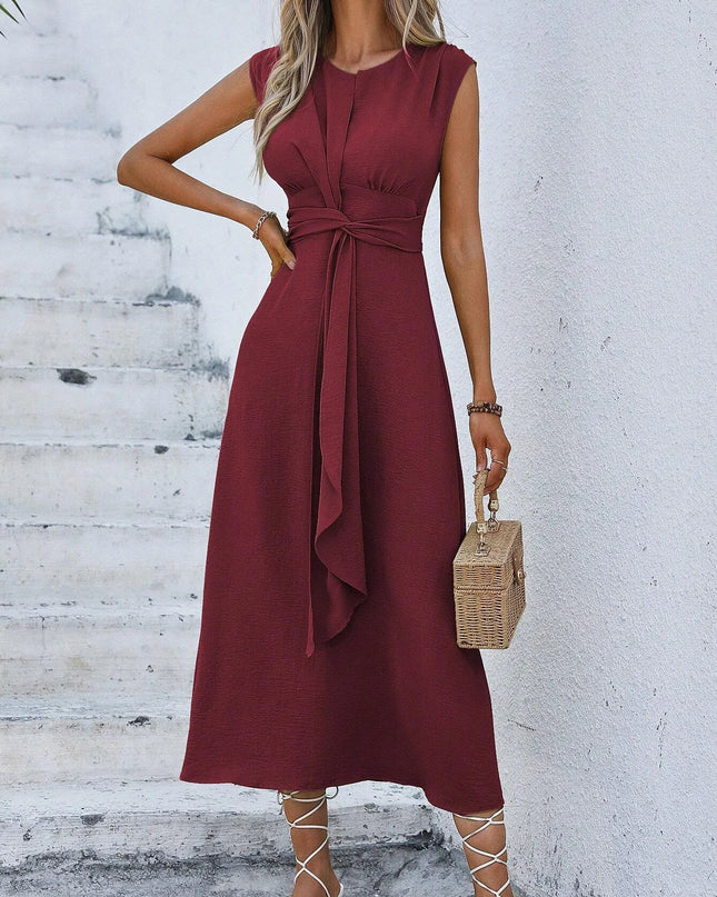 Women's Elegant Belted Midi Dress with Thin Front Straps