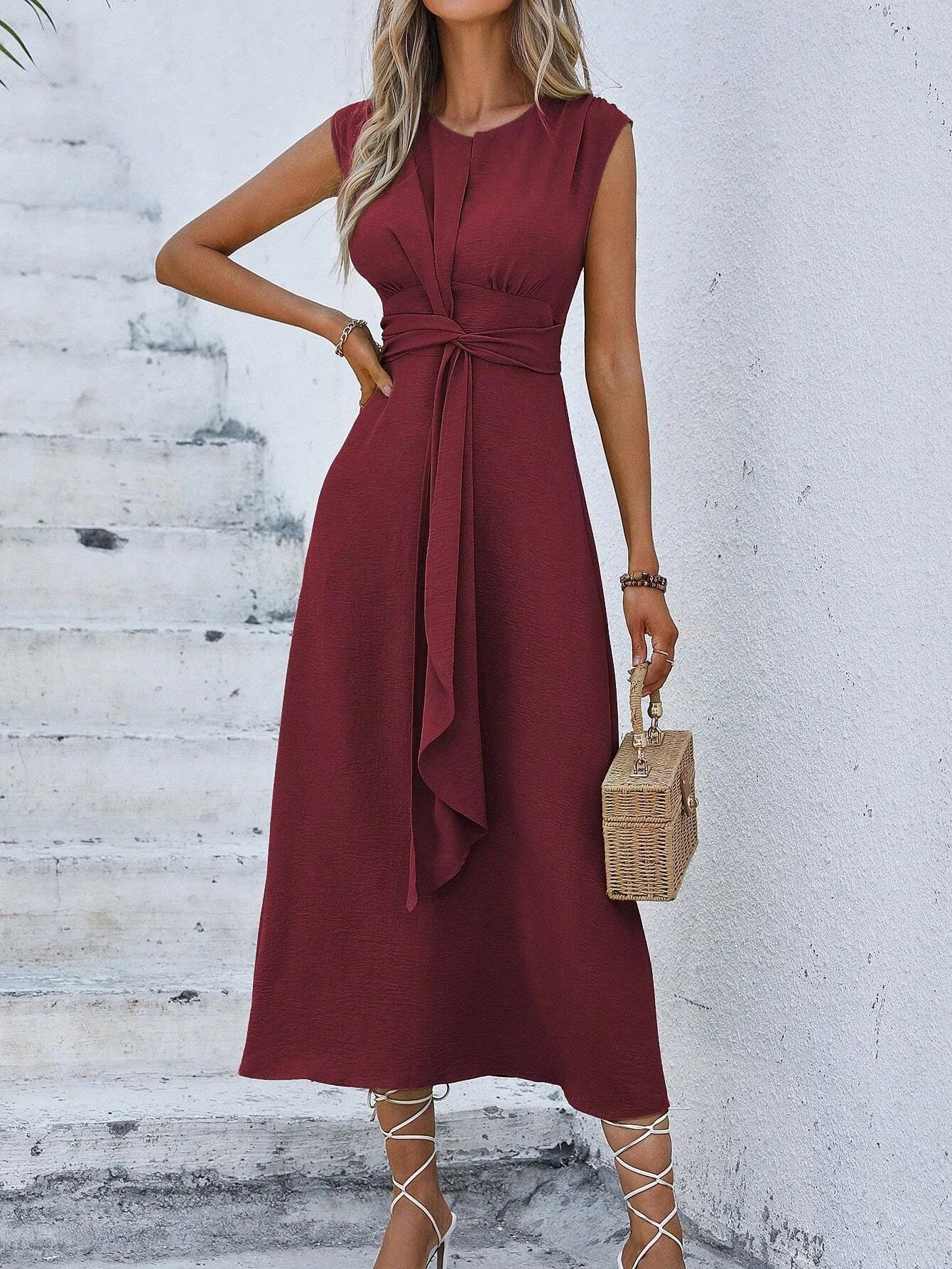 Women's Elegant Belted Midi Dress with Thin Front Straps