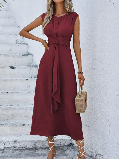 Women's Elegant Belted Midi Dress with Thin Front Straps