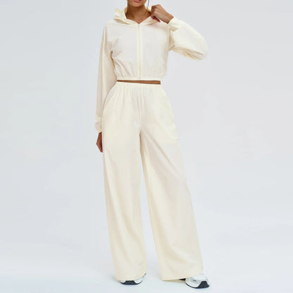 Women’s Two-Piece Set: Zipper Hooded Cropped Jacket and Wide-Leg Pants
