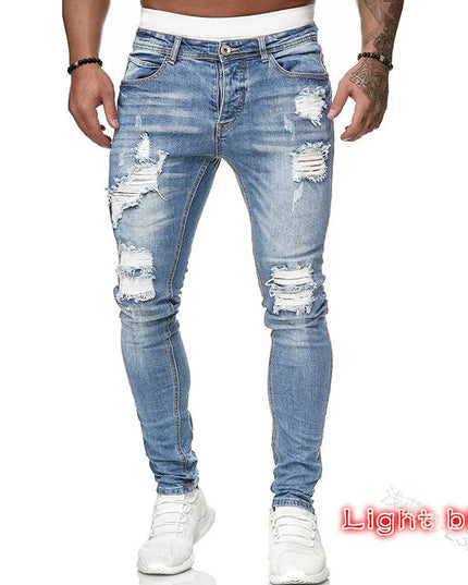 Men's Skinny Slim Fit Ripped Denim Jeans with Stretch, Hole & Patchwork Design