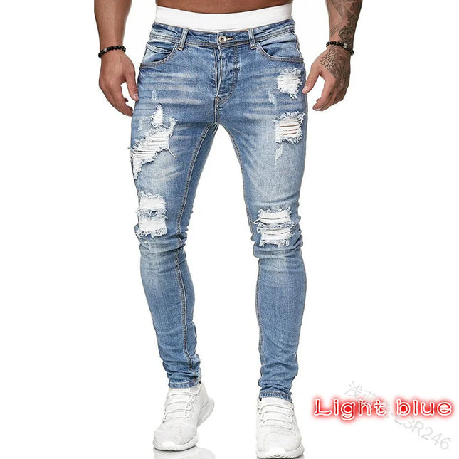 Men's Skinny Slim Fit Ripped Denim Jeans with Stretch, Hole & Patchwork Design