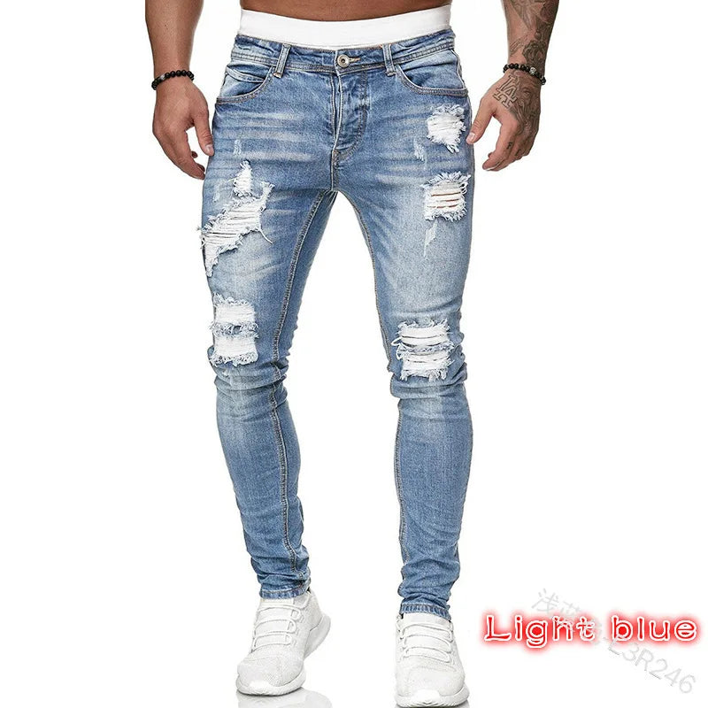 Men's Skinny Slim Fit Ripped Denim Jeans with Stretch, Hole & Patchwork Design