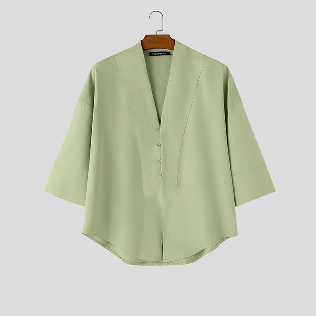 INCERUN Men's V-Neck Half Sleeve Loose Fit Shirt