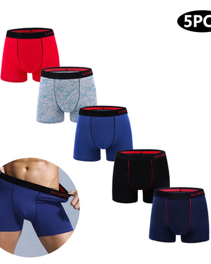 Set of five men's boxer briefs in various colors with a close-up of one pair.