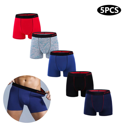 Set of five men's boxer briefs in various colors with a close-up of one pair.