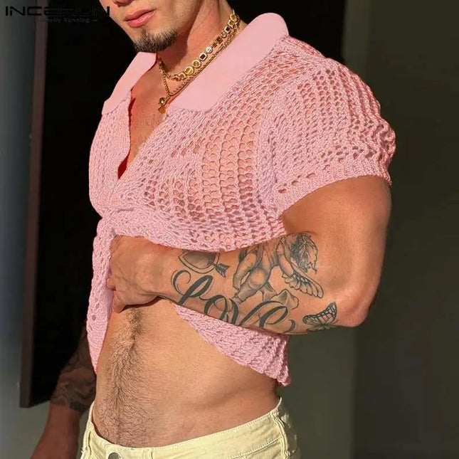 Increun Men's Mesh Transparent Short Sleeve Shirt