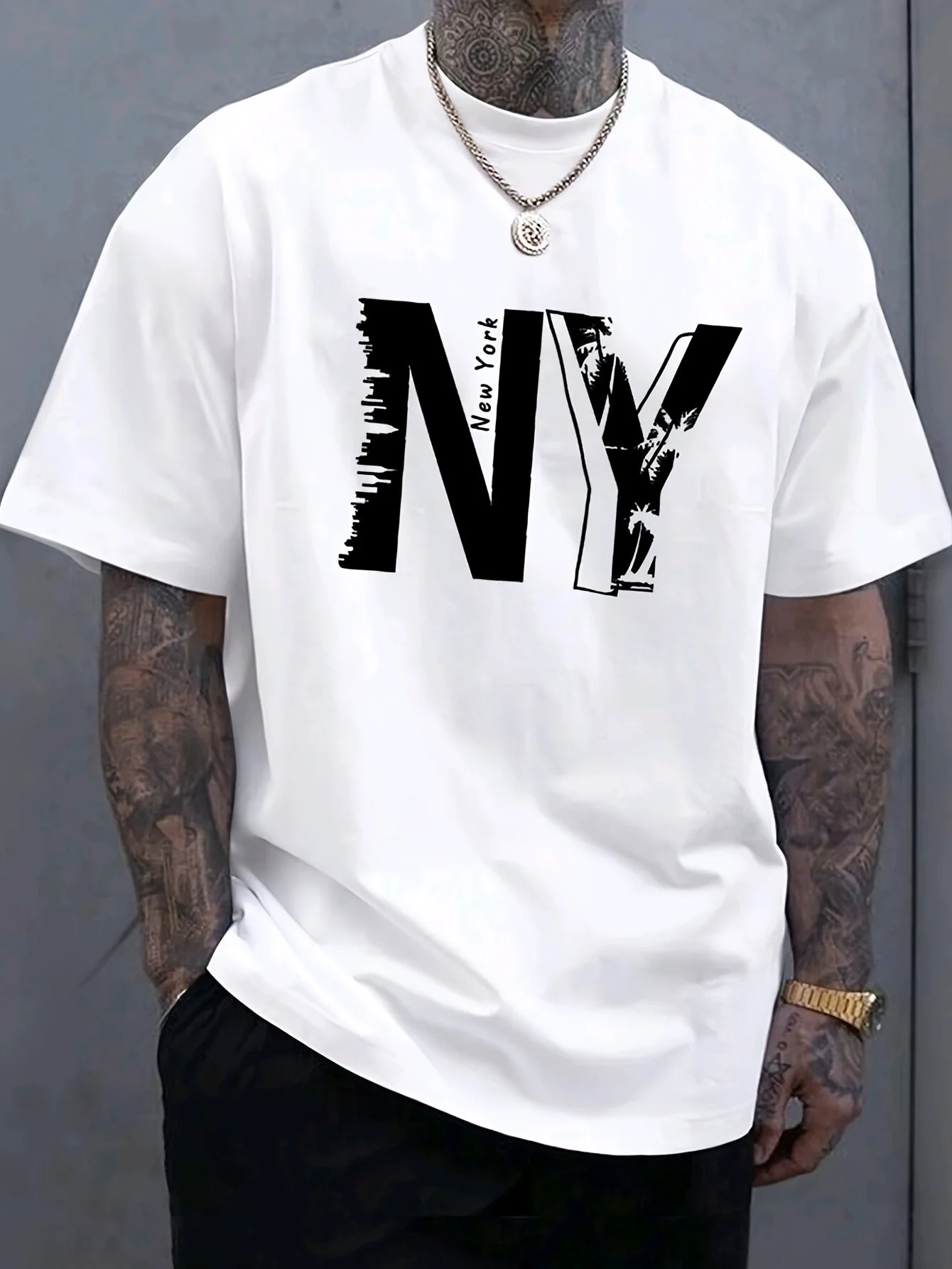 Men's 100% Cotton Casual T-Shirt with NY Letter Print