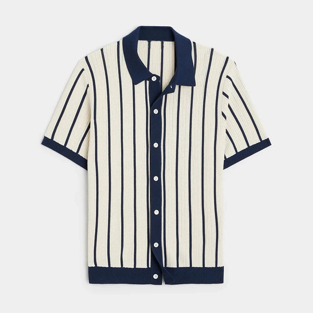 Men's Striped Knit Polo Shirt with Turn-Down Collar – Stylish Knitted Polo for Men