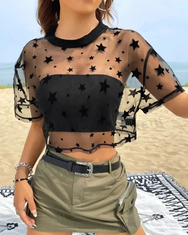 Women's Star-Print Cropped Mesh Top with Drop Shoulders