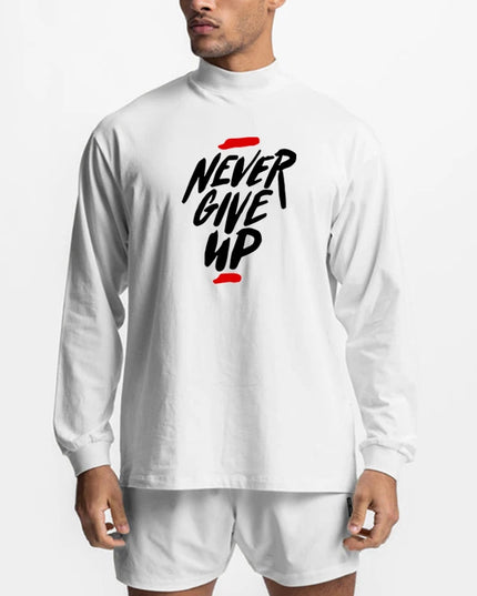 Men's Never Give Up Print Oversized Cotton Turtleneck Sweater