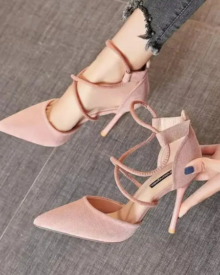 Women's Suede High Heels Roman Sandals with Cross Strap & Buckle Closure