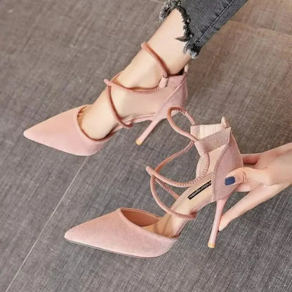 Women's Suede High Heels Roman Sandals with Cross Strap & Buckle Closure