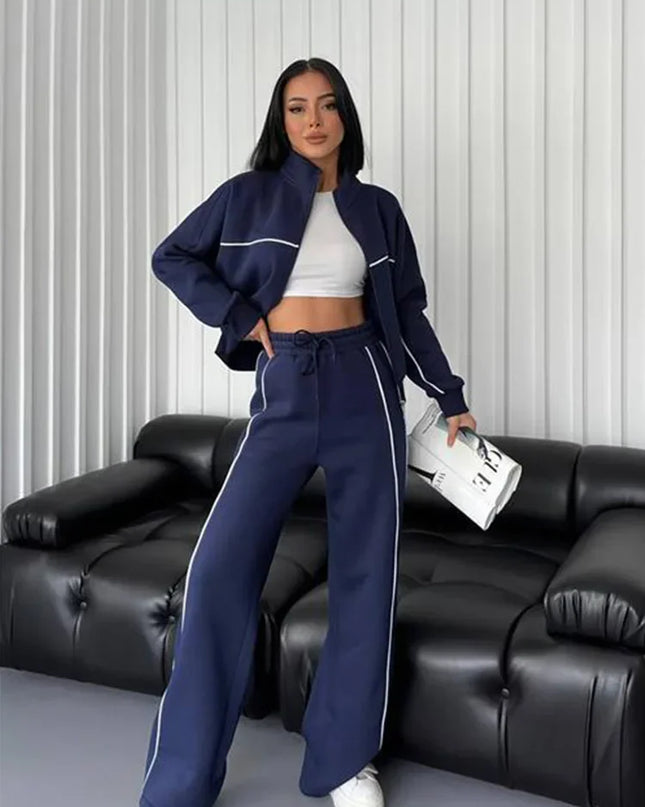 Women's Two-Piece Striped Zipper Jacket and Pants Set