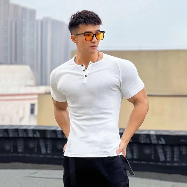 Men's Slim Fit Muscle T-Shirt - Half Button O-Neck