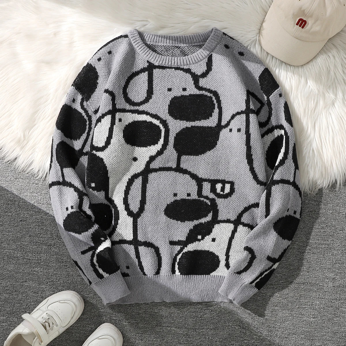 Men's Casual Crew Neck Knit Sweater with Dog Cartoon Print