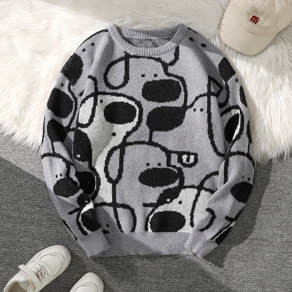 Men's Casual Crew Neck Knit Sweater with Dog Cartoon Print
