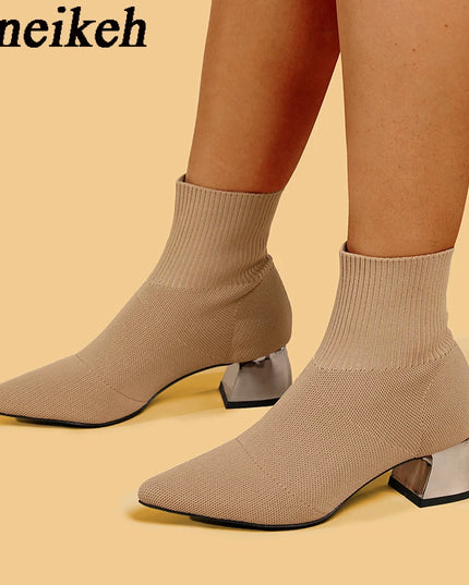 Aneikeh Women's Elegant Knit Stretch Ankle Boots