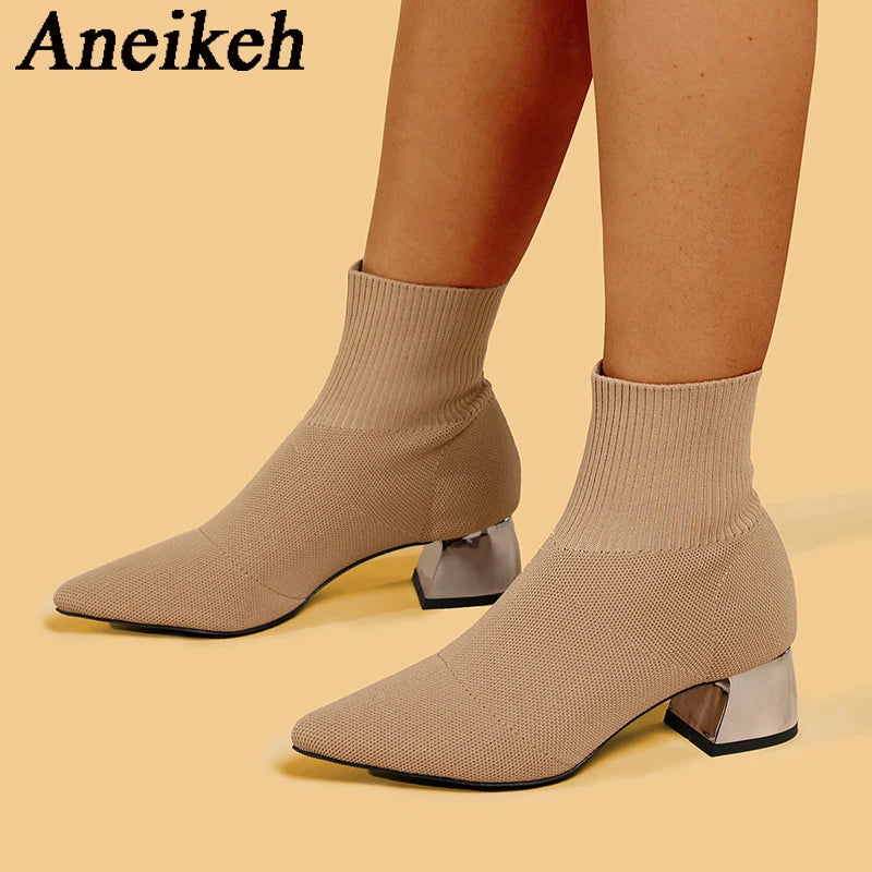 Aneikeh Women's Elegant Knit Stretch Ankle Boots