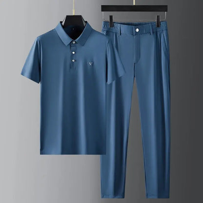 Ice Silk Men's 2-Piece Button-Up T-Shirt & Pants Set – Breathable, Stylish Summer Casual Outfit