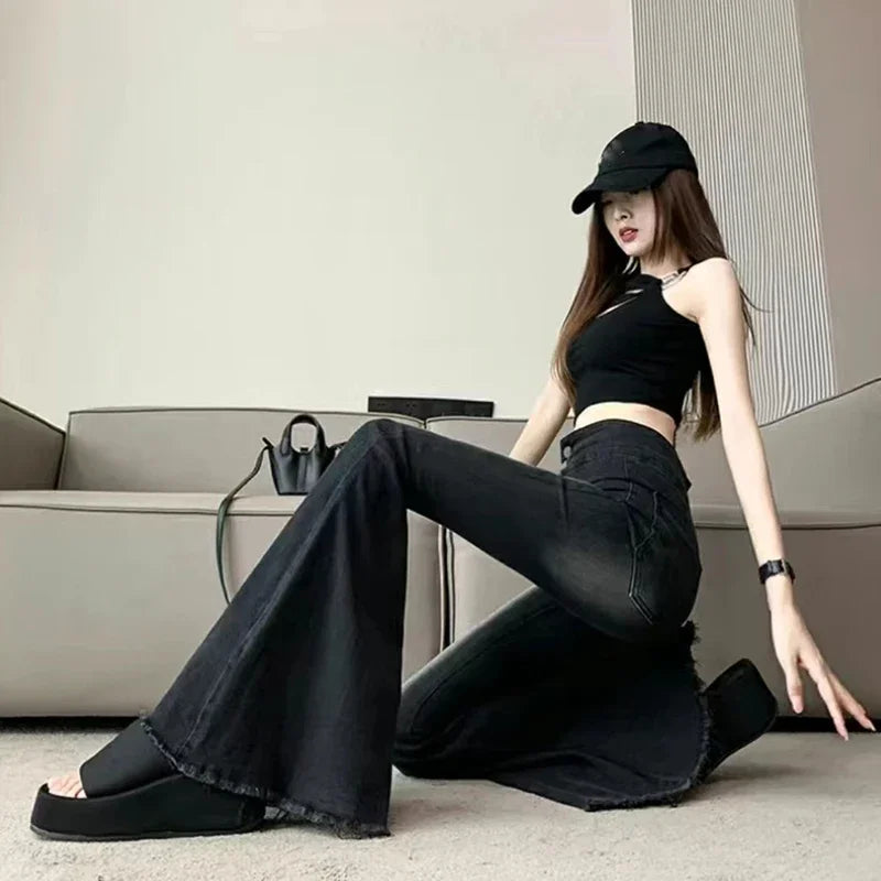 Women's Vintage High Waist Flare Jeans - Slim Fit Wide Leg Denim Pants