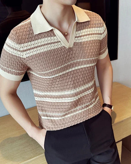Men's Thin Striped Knitted V-Neck T-Shirt – Stylish Breathable Men's Knit Top