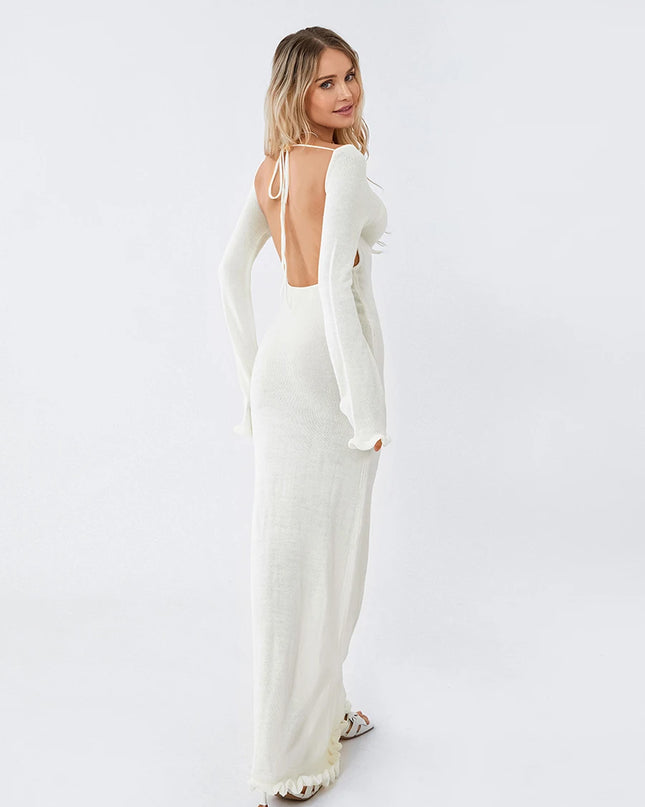 Women's Knitted Backless Bodycon Dress with Ruffle Trim